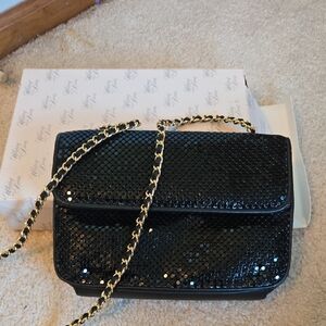 Lame Black Purse With Gold/leather Chain Shoulder Length Strap.